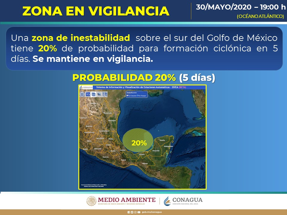 (Aviso): Se mantiene en vigilancia una #ZonaDeInestabilidad con 20% de probabilidad para desarrollarse en #CiclónTropical sobre el #GolfoDeMéxico, en el #Pronóstico a 5 días. Se pide a la ciudadanía mantenerse informada a través de las fuentes oficiales para no propagar rumores.