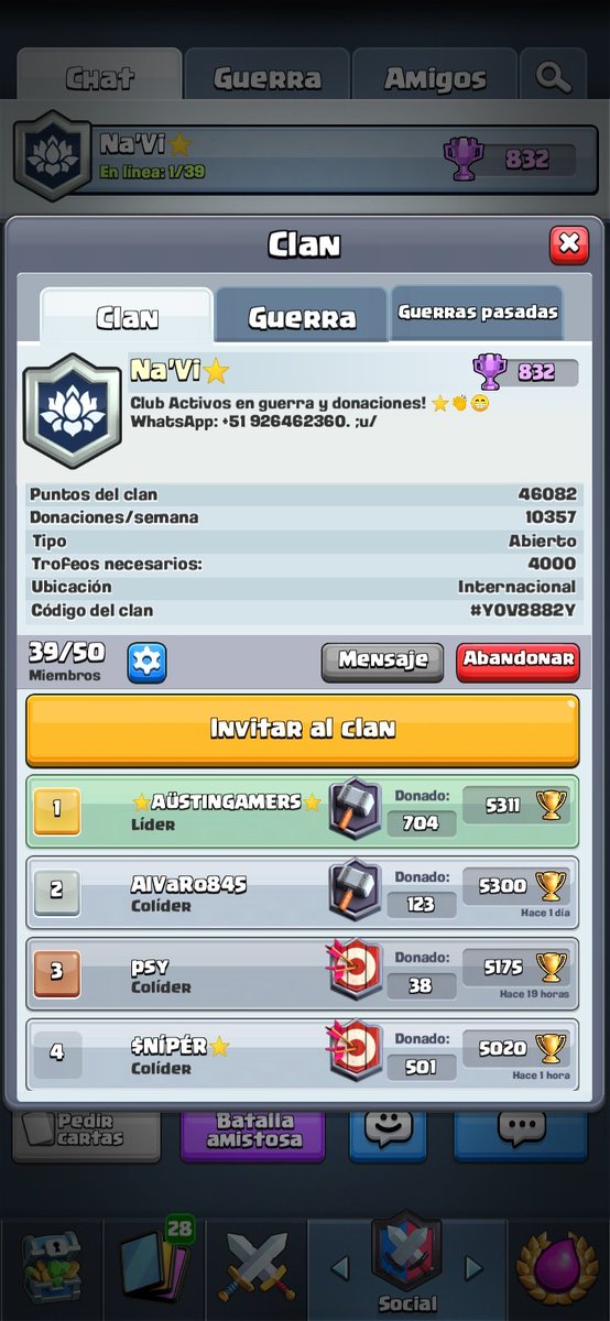 Estoy reclutando gente activa para mi clan, y nos esforzamos en todo tipo de forma, sean bienvenidos a mi CLAN 💪💪