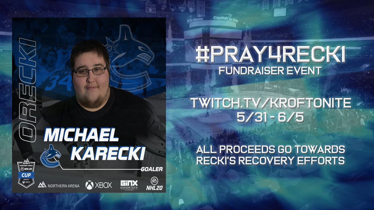 KROFTO (@kroftotv) on Twitter photo **** PLEASE SHARE ****
#Pray4Recki Fundraising Event starts Sunday and will go till Saturday. All donations and bits go to help with his recovery efforts. Let’s raise some money for such a strong and kind <a href="/EASPORTSNHL/">EA SPORTS NHL</a> community member!
Twitch.tv/Kroftonite
#fundraising **** PLEASE SHARE ****
#Pray4Recki Fundraising Event starts Sunday and will go till Saturday. All donations and bits go to help with his recovery efforts. Let’s raise some money for such a strong and kind <a href="/EASPORTSNHL/">EA SPORTS NHL</a> community member!
Twitch.tv/Kroftonite
#fundraising