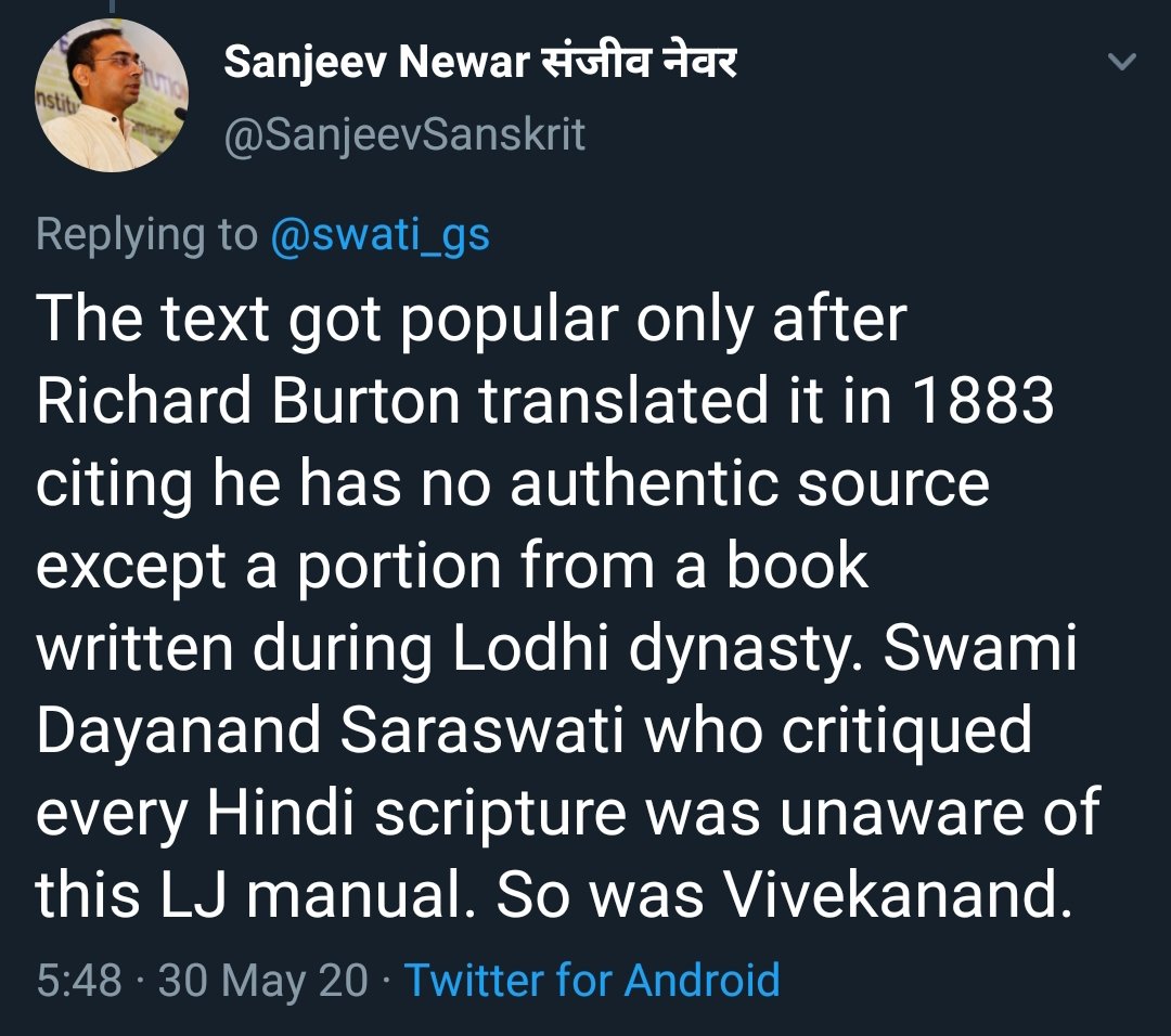 6/nPropagandist doesn't know about the antiquity of कामसूत्र (see earlier tweet) so he goes on paddling liesHis world is limited to दयानन्द सरस्वती and विवेकानंद.Commenting on every शास्त्र is not possible for anybody. Without अधिकार, a wise person will also not attempt it.