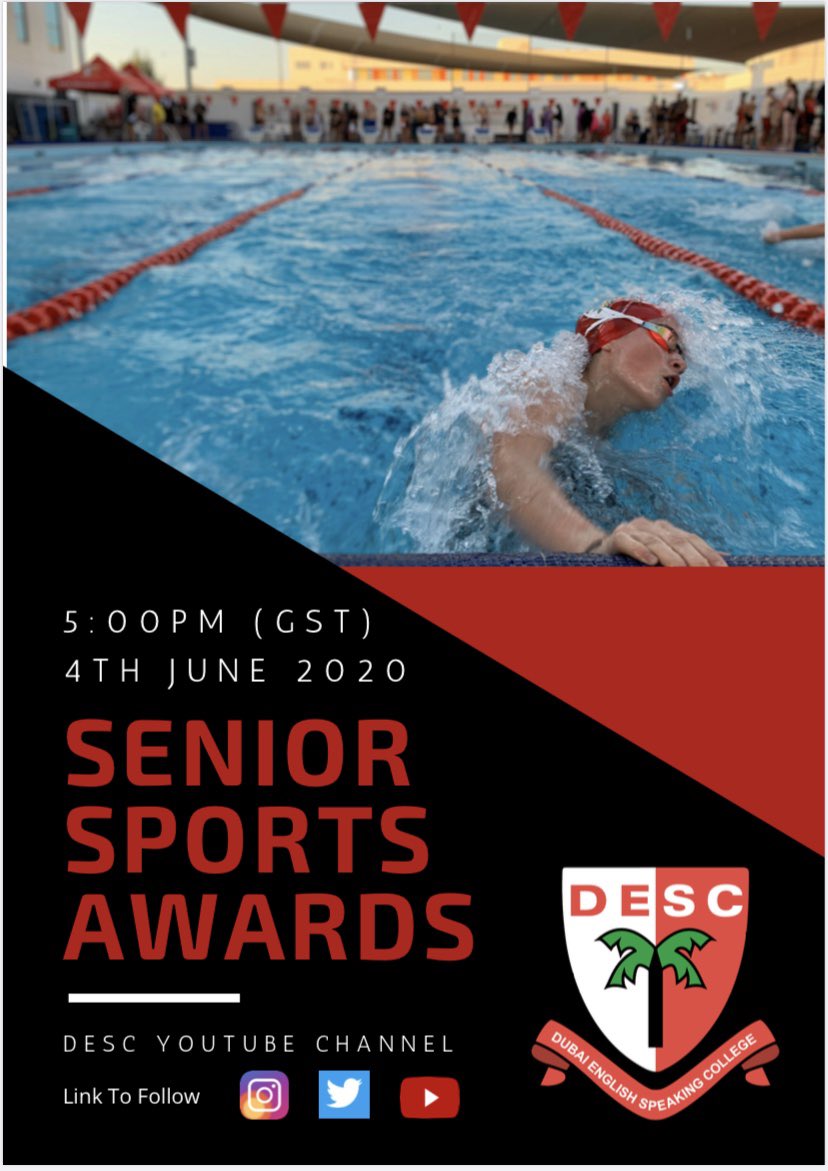 It’s nearly here, the annual <a href="/DESCDubai/">Dubai English Speaking College (DESC)</a> Senior Sports Awards. Tune in to celebrate the outstanding effort and achievements of those who have represented the College this year. #commitment #resilience #sport #recognition #StayHomeStaySafe