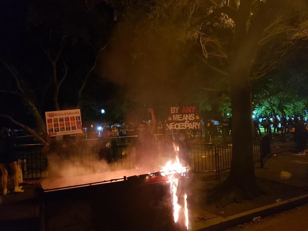 Another observation: There was so much fire tonight. More than I’ve seen before — and this includes when I was out in the field on Trump’s inauguration.Flags. A dumpster. A SUV. Scaffolding (near the Hay Adams Hotel).