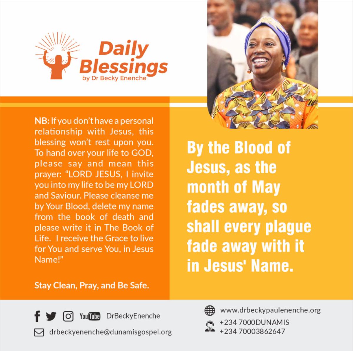 ThreefoldMagaz's tweet photo. By the Blood of Jesus, as the Month of May fades away, so shal every plague fade-away with it in Jesus’ Name. #DailyBlessings #DrBeckyPaulEnenche https://t.co/c7jPw8DJVI