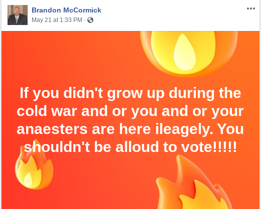 He evidently thinks only white boomers and gen-xers should be allowed to vote. Seriously, his facebook is such a goldmine it's like a boomer parody page.