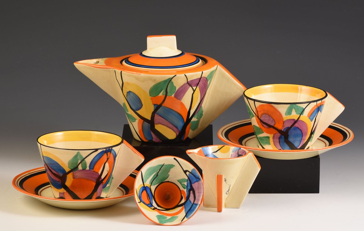 Circle Tree Conical tea for two set c. 1930, by influential UK ceramicist Clarice Cliff #womensart