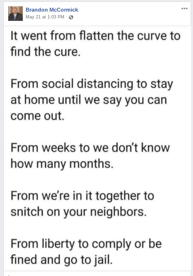 Aaaaaaaand, OF COURSE the dude who got his ass beat for trying to murder protesters with a bow and arrow shared posts bitching about how shelter-in-place orders for the virus are a loss of liberty