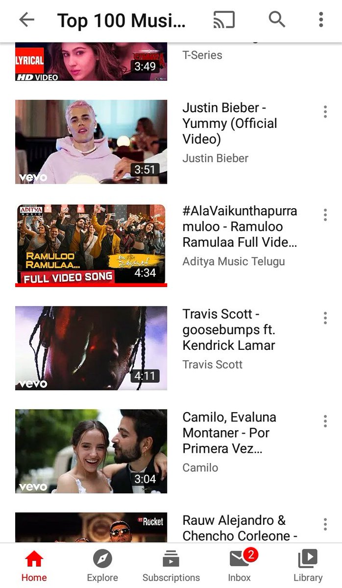 TrendsAlluArjun's tweet photo. Top 100 Global Music videos on YouTube this week.

Now
#ButtaBomma stands at No.10 
#RamulooRamulaa stands at No.41

@alluarjun @MusicThaman 
#AlaVaikunthapurramuloo https://t.co/8b5igtmGjv