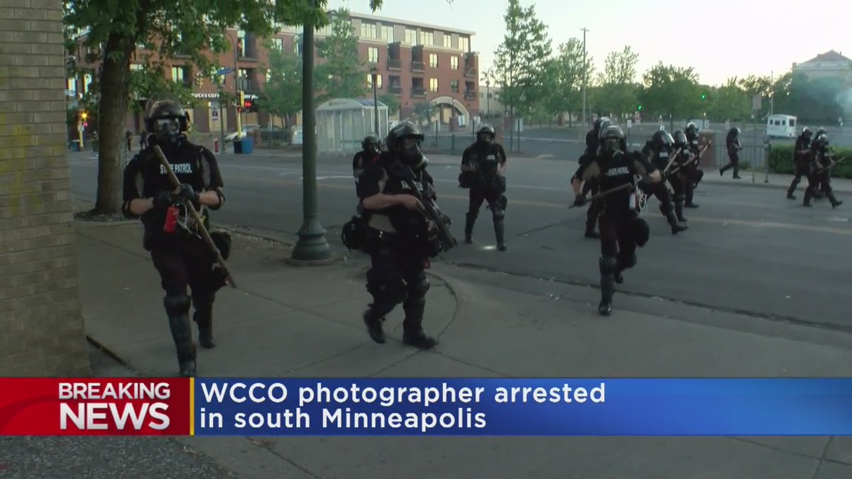 WCCO's tweet image. BREAKING: A veteran WCCO photographer is under arrest, taken into custody by the State Patrol. Award-winning photographer Tom Aviles was struck by a rubber bullet. | cbsloc.al/2zDcucZ