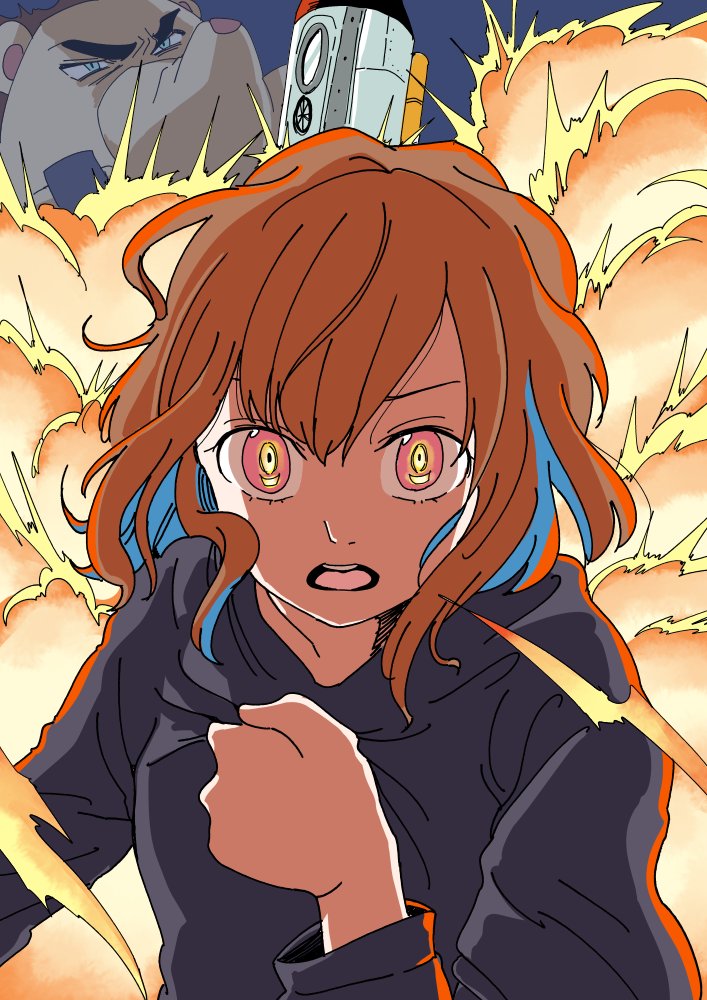 1girl explosion 1boy brown hair open mouth hood short hair  illustration images
