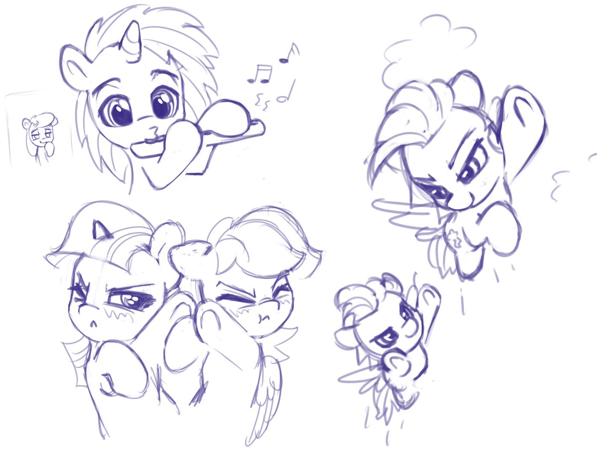 Bobdude0's tweet photo. Here's my sketches from round 3 of our Sketches From a Hat panel at @PonyFestOnline! Prompts were RD and Spitfire racing, Vinyl on the flute, and Twi and RD play fighting https://t.co/iXTthnWzsY
