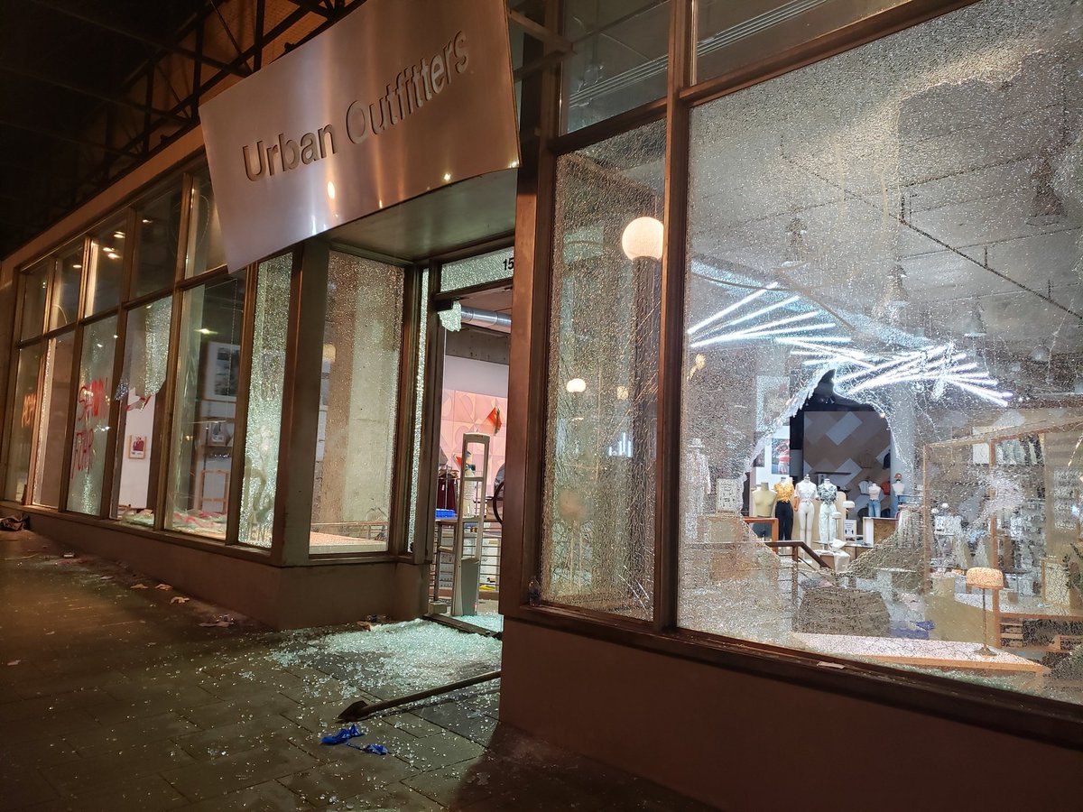 Urban Outfitters gutted. The entire Westlake area is covered in broken glass, graffiti, and garbage.  #seattleprotest