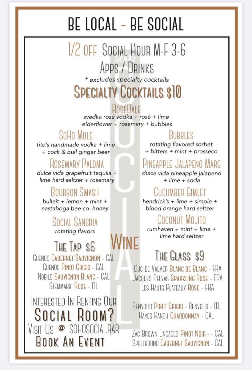 SoHoSocialAL's tweet photo. The happiest happy hour in Homewood, Alabama 🥂 #besocial #happyhour #bhamdrinks #bhambar https://t.co/l8GVOcSOps