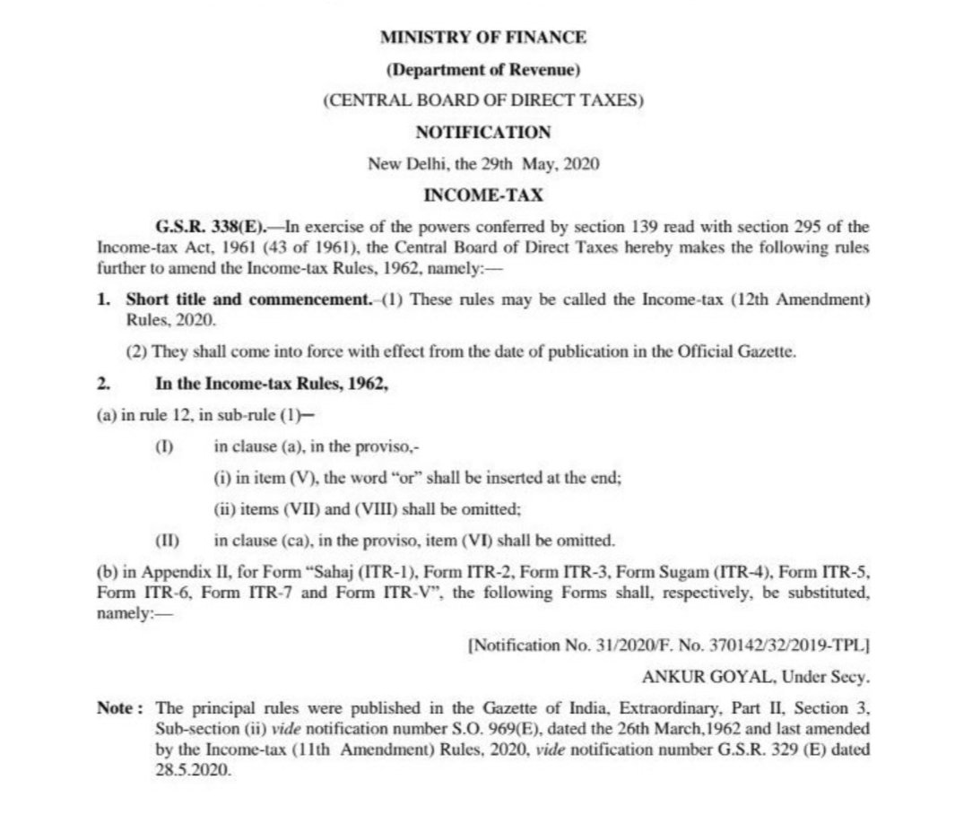 CBDT notifies Income Tax Return forms 1 to 7 for AY 2020-21(FY 2019-20), vide G.S.R. 338(E) dated 29th May, 2020.