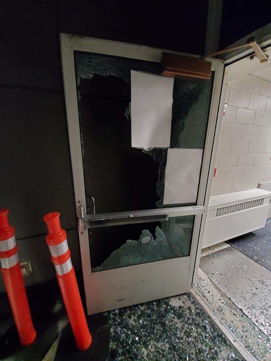 Damage at Erie County Family Court Building. NYS Court Officers were in building and kept them from further entry.