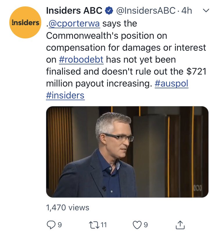 Morrison Govt dodged the  #robodebt budget impacts in Dec ‘19 MYEFO. And even today the Govt says it still doesn’t know.But it will be harder to dodge in the full federal budget due in October 2020. Perhaps by then we will know what this scheme really cost.  #auspol  #insiders