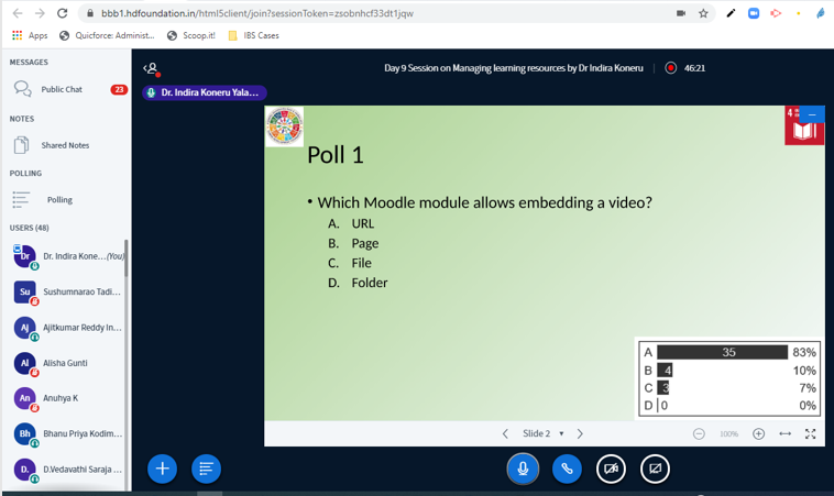 indirakoneru's tweet photo. During my Day 9 live session, assessed @eL4PD Cohort-2 Participants' knowledge on #moodle resources utilising @bigbluebutton's poll feature. #KeepTeaching #KeepBlending #LearningNeverStops #TeacherTraining #sdg4 https://t.co/Q7mZ2QtuP9