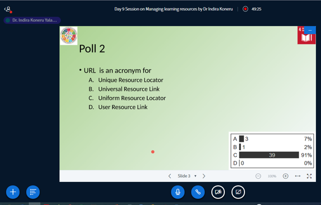 indirakoneru's tweet photo. During my Day 9 live session, assessed @eL4PD Cohort-2 Participants' knowledge on #moodle resources utilising @bigbluebutton's poll feature. #KeepTeaching #KeepBlending #LearningNeverStops #TeacherTraining #sdg4 https://t.co/Q7mZ2QtuP9