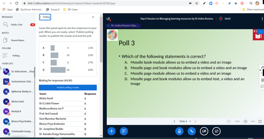 indirakoneru's tweet photo. During my Day 9 live session, assessed @eL4PD Cohort-2 Participants' knowledge on #moodle resources utilising @bigbluebutton's poll feature. #KeepTeaching #KeepBlending #LearningNeverStops #TeacherTraining #sdg4 https://t.co/Q7mZ2QtuP9