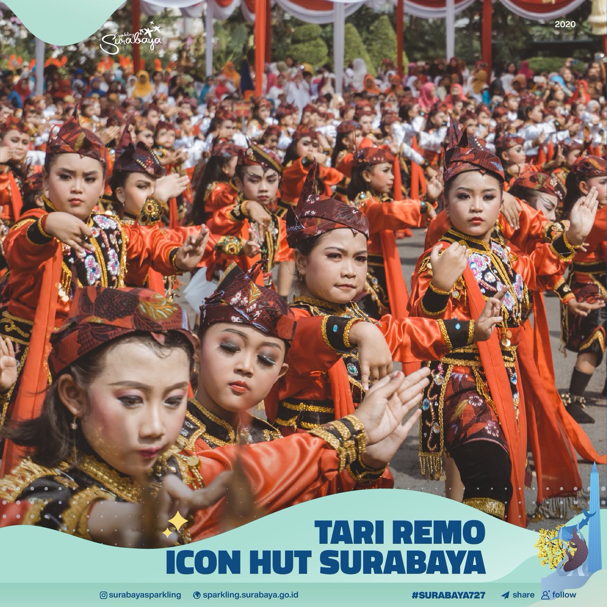 Fakta unik pada setiap perayaan HJKS, selalu ada tampilan seni tari Remo yang ditampilkan secara massal oleh anak-anak. Nah, jumlah penari Remo ini selalu mengikuti angka tahun pada saat HUT Kota Surabaya lho rek ! 

#Surabaya727 
#SurabayaTourism
#SurabayaSparkling