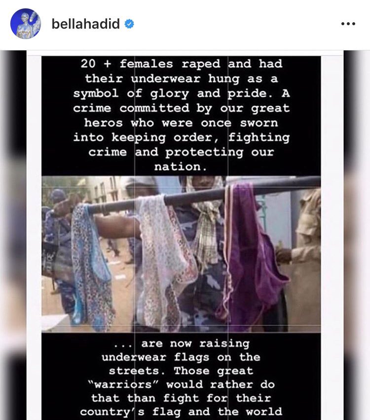 4.I don’t have a screenshot of the original post she made but I do remember how she went off on KSA for aiding the massacre,and she was then attacked on the comments by all them annoying racist Arabs and she then edited it to this,anyways Bella and Gigi Hadid: