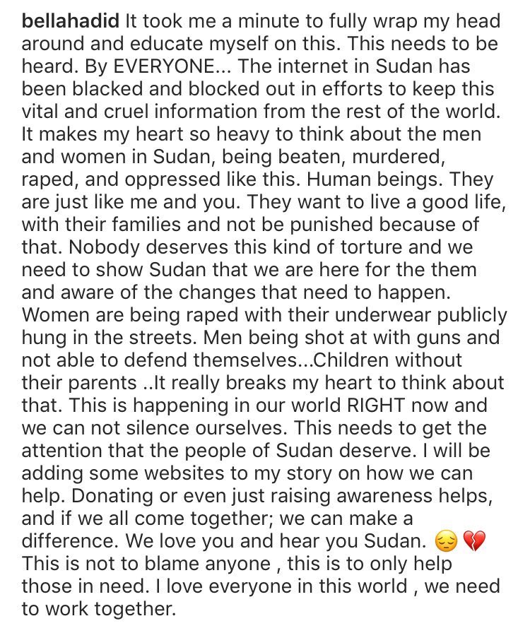 4.I don’t have a screenshot of the original post she made but I do remember how she went off on KSA for aiding the massacre,and she was then attacked on the comments by all them annoying racist Arabs and she then edited it to this,anyways Bella and Gigi Hadid: