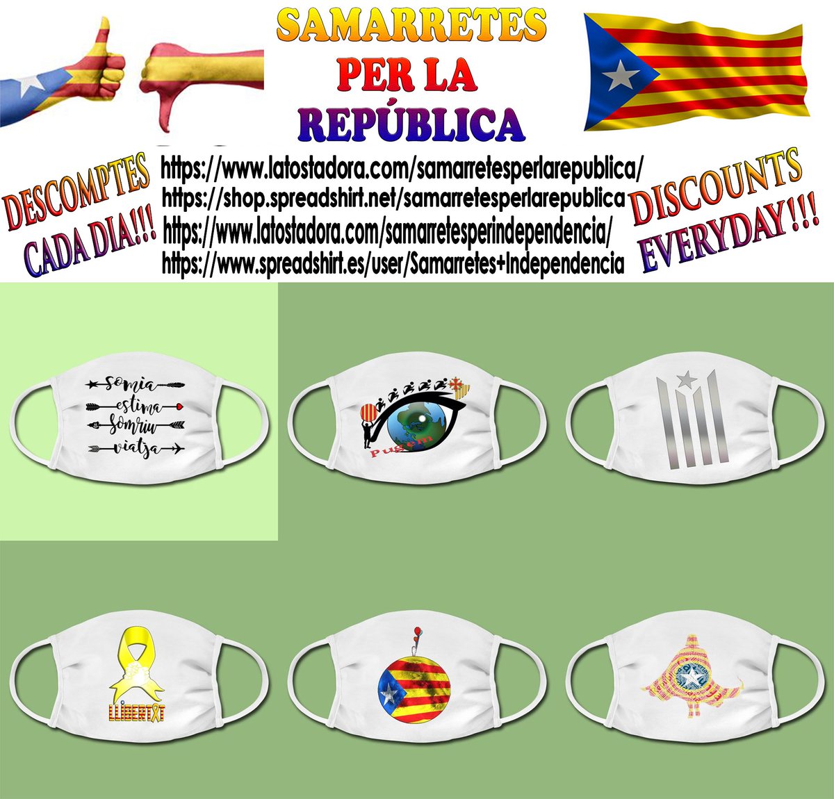 IndepSamarretes's tweet photo. 🌞BON DÍA REPUBLICANS! Ya tenim disponibles MASCARETES PER LA REPÚBLICA a la nostra botiga!!  Sembla q serà un accessori que portarem una bona temporada. PER QUE NO PROTEGIR-SE I FER REPÚBLICA AL MATEIX TEMPS? 
https://t.co/z7E0bKue0x…  #FemXarxa #republicacatalana #mascaretes https://t.co/YFU7JHmj5o