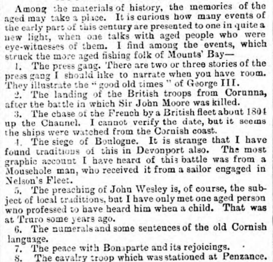 Cornish Telegraph 1882 - some old people in Mounts' Bay still remembered bits of Cornish from their childhood, as well as the celebration of the peace with Napoleon./14