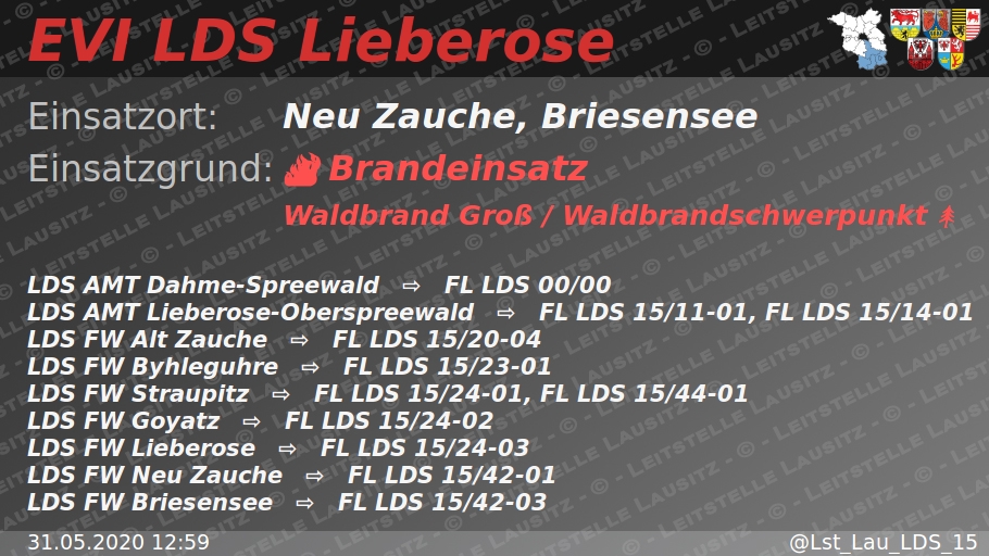 Lst_Lau_LDS_15's tweet photo. 🚨 31.05.2020 12:59 🔥 🌳 🔥 🌲 B:Wald-Groß/WSP 🌐 Neu Zauche, Briesensee 🚒 ⇨ FW Alt Zauche, FW Byhleguhre, FW Straupitz, FW Goyatz, FW Lieberose, FW Neu Zauche, FW Briesensee https://t.co/lHYxhjcnHq