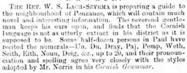 Cornish Telegraph, 1875 - half a dozen people in Paul still know a few words of Cornish./7