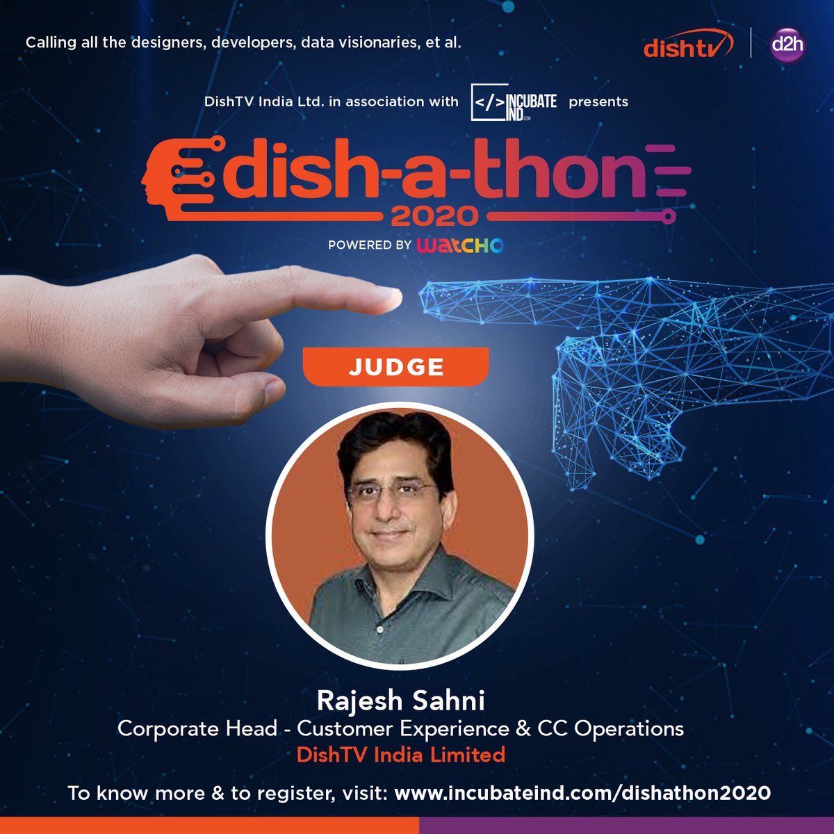 IncubateIND's tweet photo. Introducing Mr. Rajesh Sahni,Corporate Head-Customer Experience & CC Operations, #DishTV as our esteemed #Judge for #Dishathon2020 - an initiative of @DishTV_India
Inviting #designers & #developers at #Dishathon
Win cash prize worth Rs. 1 Lakh
Register- https://t.co/WbQXddv7Ik https://t.co/s5angFT3WL