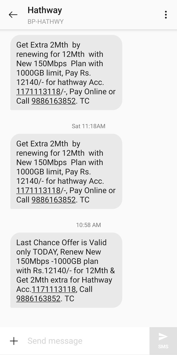 shekarism's tweet photo. @HathwayBrdband I want to give you some money but you're making it very difficult 🙂. The phone number in your promotion SMS doesn't work and there is no online link. https://t.co/ZBqMS6vEF7