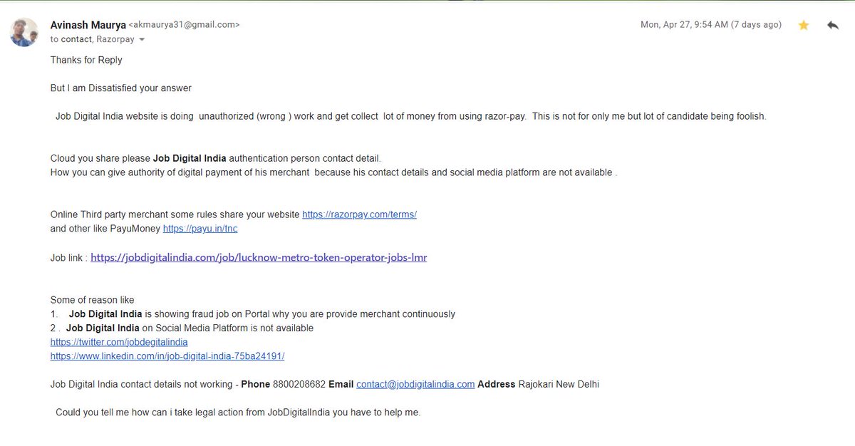 fikkarnot's tweet photo. @Razorpay @reachHYPE https://t.co/QOJDzVf42v
4th Time I have to unwanted comment on linked in ...
JobDigitalIndia fraud false job share on portal they using Razorpay Kindly share his/her contact detais
They are doing fraud Kinldly share  JobDigitalIndia Owner details and contact person name other https://t.co/2van2xinna