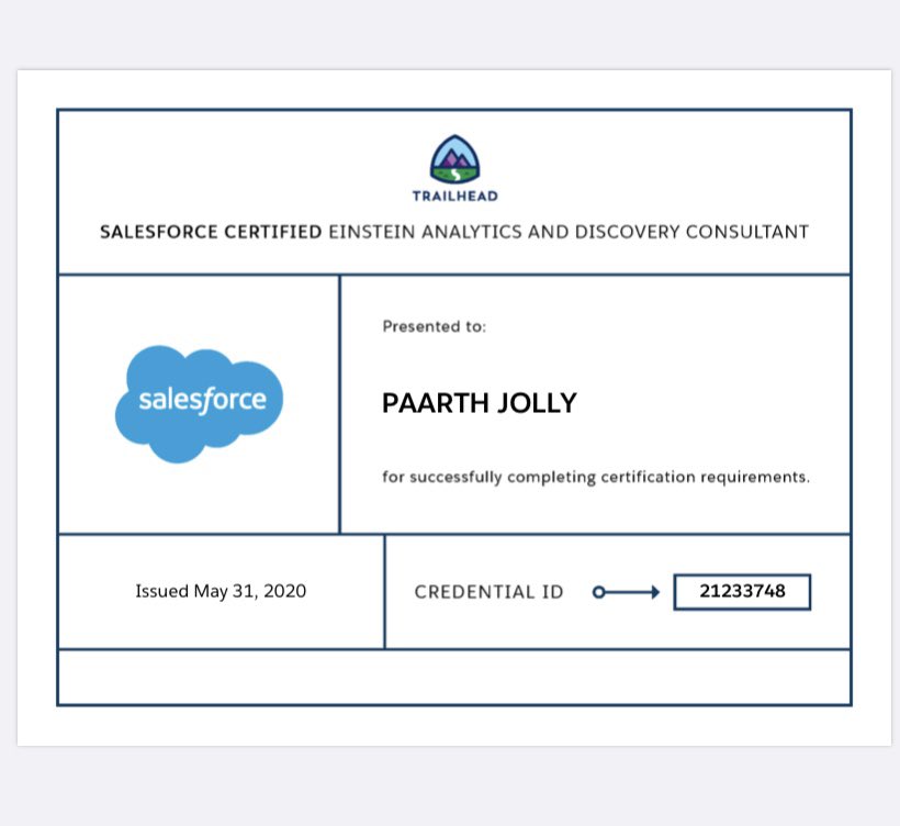 JollyPaarth's tweet image. Second Attempt for #EinsteinAnalytics was Successful.
Thanks to @trailhead for an amazing source of learning,
@LetsPlaySFDC for amazing Youtube Content and @hovsarikke
for blogs.
Salesforce Certified Einstein Analytics and Discovery Consultant
#Certification