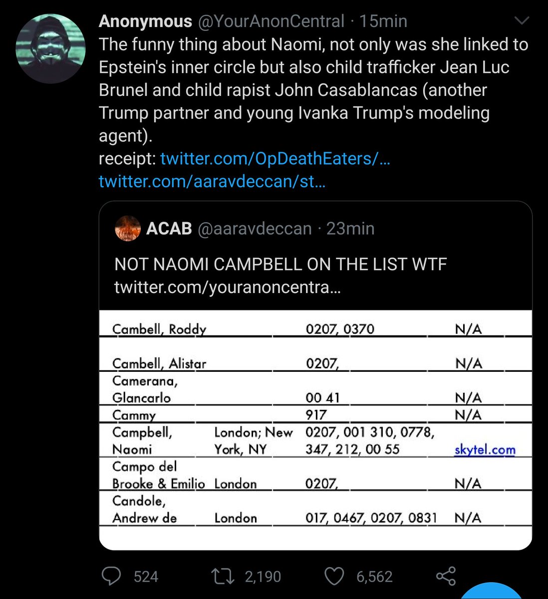 AlmondFlourCake's tweet photo. Que según "anonymous" subió un archivo llamado Jeffrey Epsteins's Little Black book, donde están todos los contactos de gente que ayudó a Epstein con su círculo de tráfico de Menor de edad y sale Trump y.... NAOMI CAMPBELL?.... Perenme y ella empezó a modelar a los 15 años... Omg https://t.co/v5NIWO8Xbk