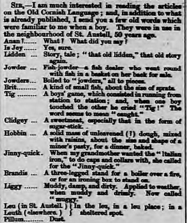 The Cornishman, 1879 - a man writes in with a list of Cornish words which he learnt as a boy "50 years ago"/11