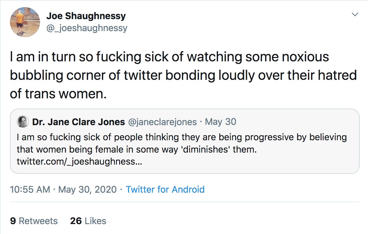 Scene 3:Woman gets annoyed and points out to followers that thinking being female diminishes the humanity of women is, um, misogyny.Man gets annoyed and seems to think the best way to dispel said inference is by describing woman with language associated with witches.