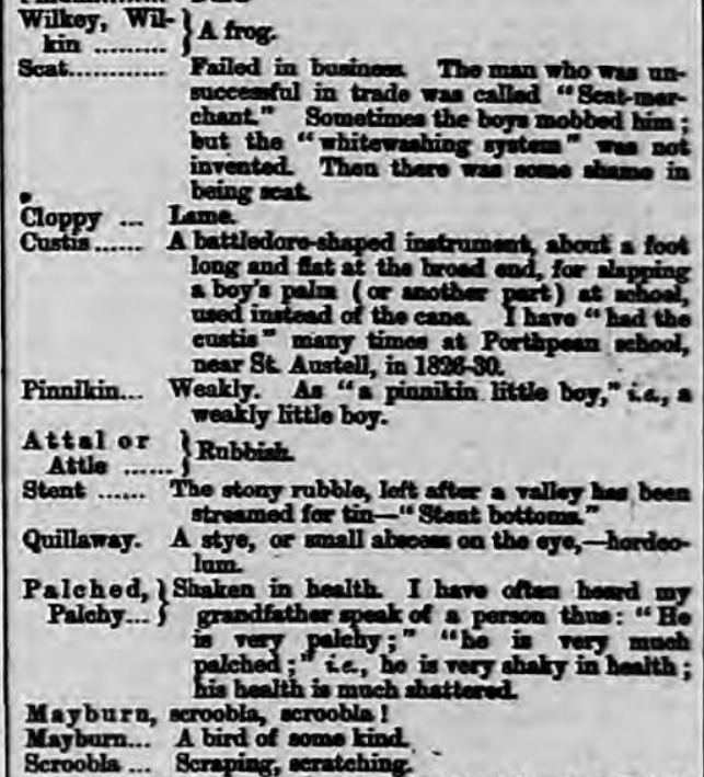 The Cornishman, 1879 - a man writes in with a list of Cornish words which he learnt as a boy "50 years ago"/11