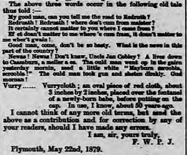 The Cornishman, 1879 - a man writes in with a list of Cornish words which he learnt as a boy "50 years ago"/11