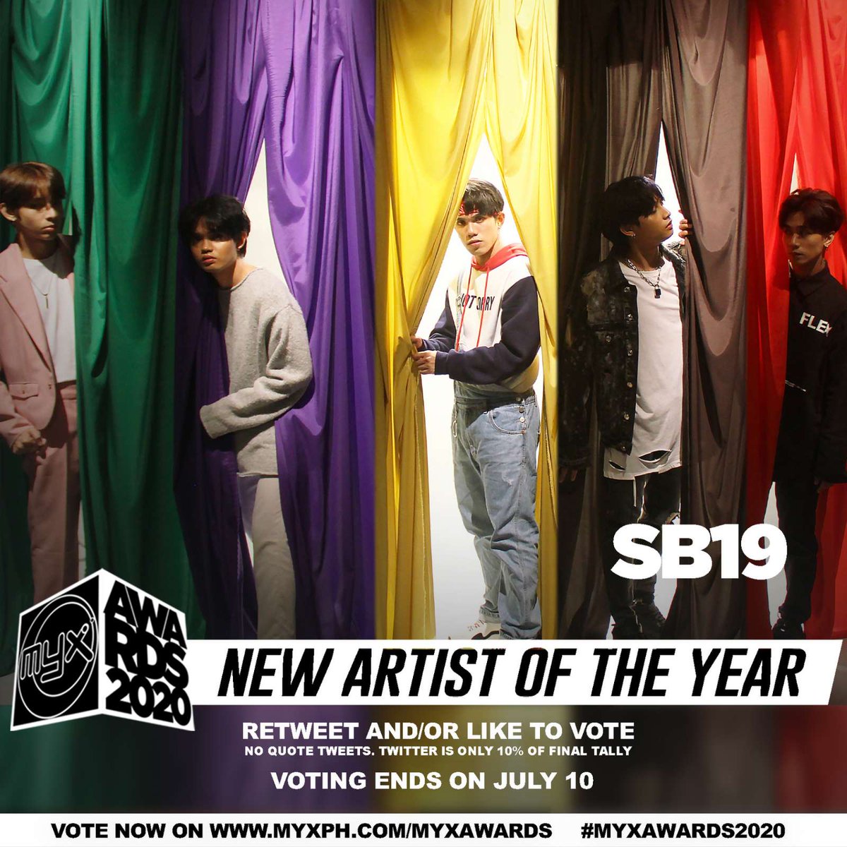 ❗️RETWEET AND/OR LIKE TO VOTE❗️ @SB19Official New Artist of the Year #MYXAwards2020 📌 Quote Tweets DO NOT count 📌 Voting ends on July 10 📌 Twitter is only 10% of final tally myxph.com/myxawards