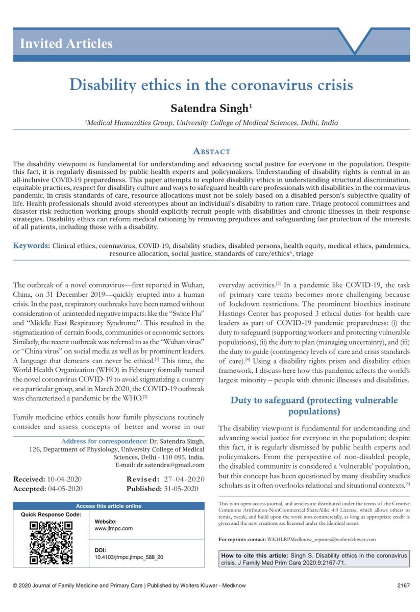drsitu's tweet photo. #DisabilityEthics in the #CoronaCrisis

My recent paper in JFMPC attempting to explore structural discrimination, equitable practices, respect for disability culture &amp; ways to safeguard #DocsWithDisabilities in the #COVID19 pandemic.

Link to the paper👉🏻 https://t.co/rip0lh0Rfz https://t.co/4fWL6Qg3Yc