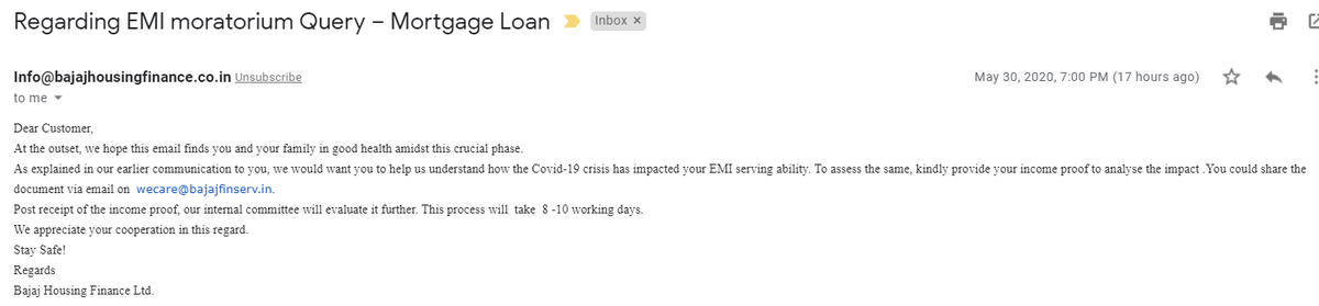 ShreeSule's tweet photo. @Bajaj_Finance @Bajaj_Finserv @Bajaj_Finance your service is pathetic, I receive an email asking how will the COVID will impact my EMI serving ability, why such queries when @RBI has mentioned to provide moratorium to any 1 who ask for it? And 8-10 days i've been following up since 22/05! https://t.co/Yhzn1lhgfh