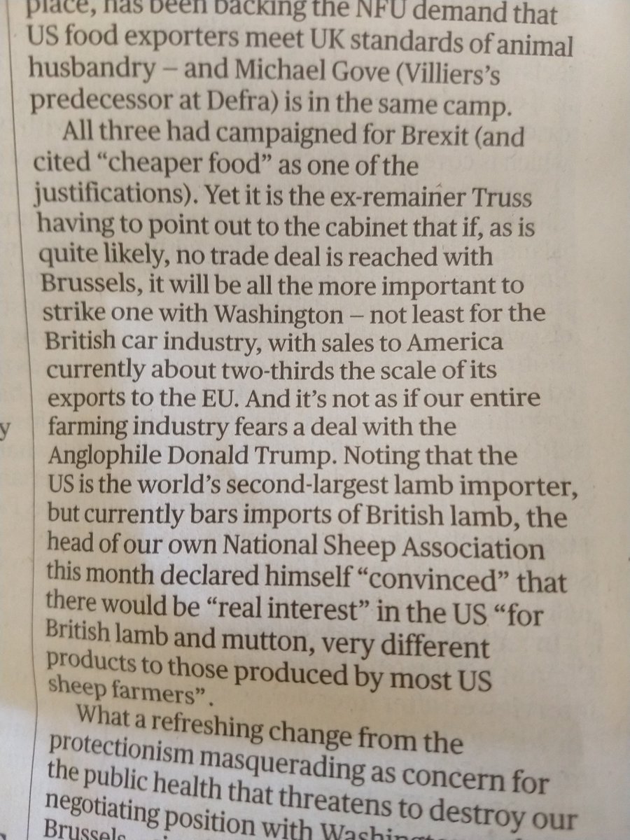 A small correction to the Dominic Lawson claim in the Sunday Times that UK car sales to the US are about 2/3 of those to the EU. It is actually 1/3. Not particularly close. And the US wants to build more cars at home, and their current tariff is only 2%...