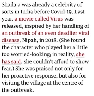 How did other nations respond? Well,  @pash22, KK Shailaja's approach in Kerala immediately springs to mind!How did she know that  #COVID19 *should* and *could* be stopped? From experience: https://www.theguardian.com/world/2020/may/14/the-coronavirus-slayer-how-keralas-rock-star-health-minister-helped-save-it-from-covid-19