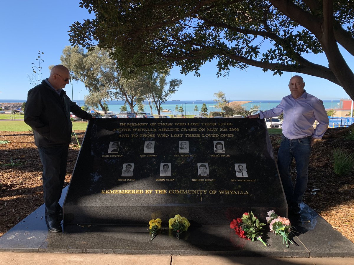 Today marks the 20 year anniversary of the Whyalla Airlines plane crash, which tragically took eight lives. Member for Giles, Eddie Hughes and former SES Commander, Rick Santucci, standing beside the updated plaque at the Whyalla foreshore. <a href="/SpencerGulfNN/">Spencer Gulf Nightly News</a>