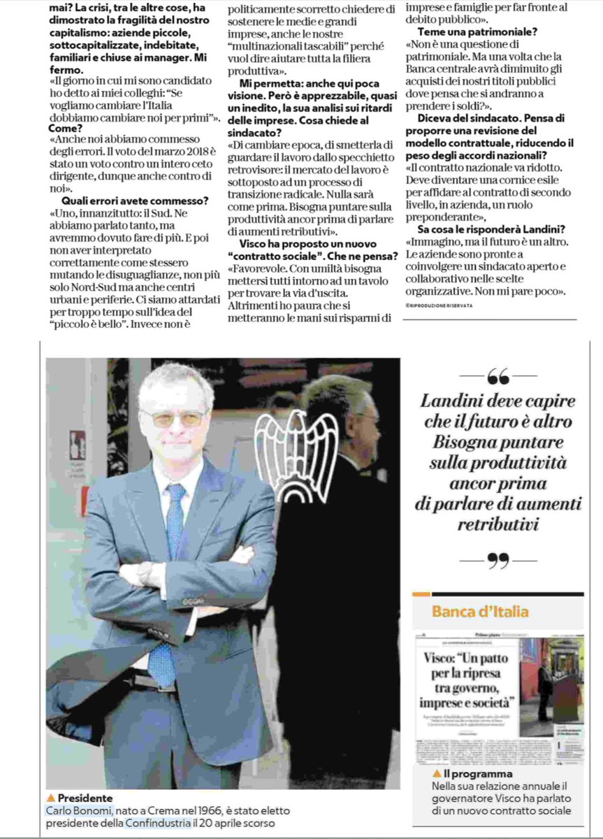 Basta guardare il #lavoro dallo specchietto retrovisore, la transizione sarà radicale. Bisogna puntare sulla #produttività e sulla #crescita, le #imprese sono pronte a coinvolgere un sindacato aperto e collaborativo nelle scelte organizzative <a href="/repubblica/">Repubblica</a> #31maggio #ServireItalia