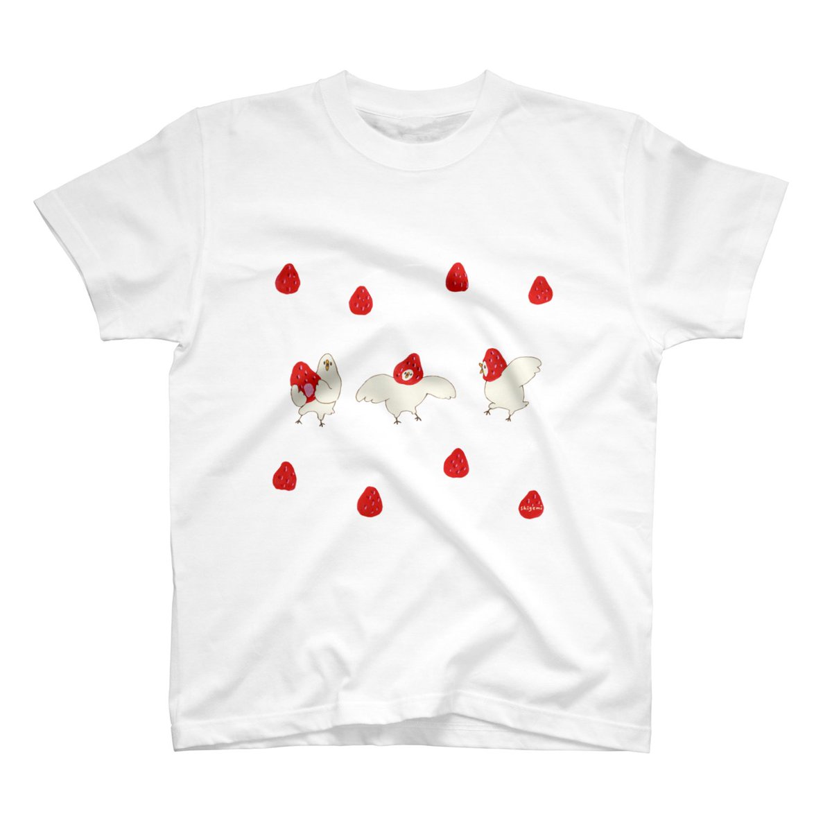 「明日からのTシャツセールにあわせて
「いちごっこ」する鳥たちの
Tシャツとグラス」|shigemiのイラスト