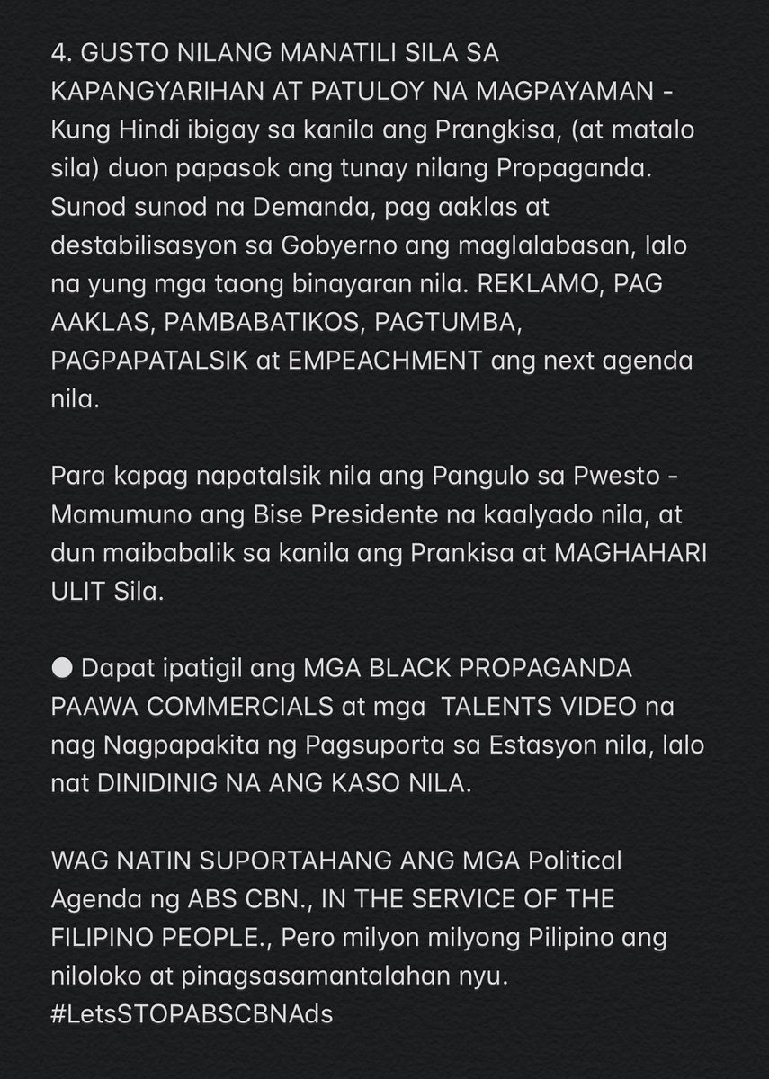 #LetsSTOPABSCBNAds #WeDontNeedABSCBN 

@ianrobles_ @AttyGlennChong @LarryGadonskie @SolGenCalida @LabanPinas20 @gratus_lhentwit @trollsenemyno1 @justsofieemarie @Jjcruz2 @PaulTol1024 @JaySonza3 @samojaspeaks @TishaCM @ilda_talk @CharmingVirago @asistantdoctora @trxangeles