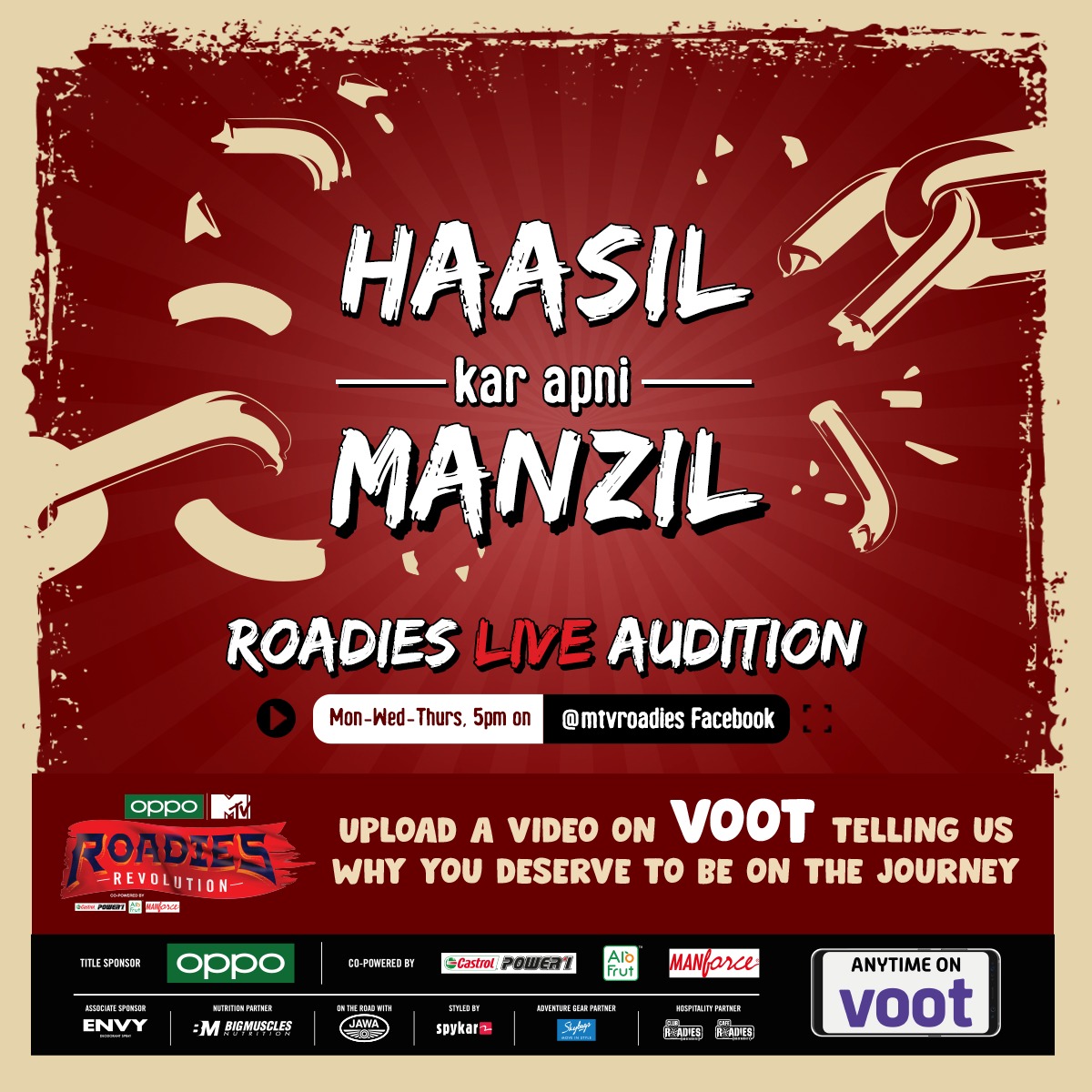 MTVRoadies's tweet photo. Get closer to your dreams. Registtter on @justvoot: https://t.co/f0rXKlQlqx

And watch the #RoadiesLiveAudition on Monday, Wednesday and Thursday at 5 PM only on @MTVRoadies  Facebook page.

@oppomobileindia @castrolbiking @axiom_ayurveda @ManforceIndia 
#RoadiesRevolution https://t.co/K2eMHI88S7