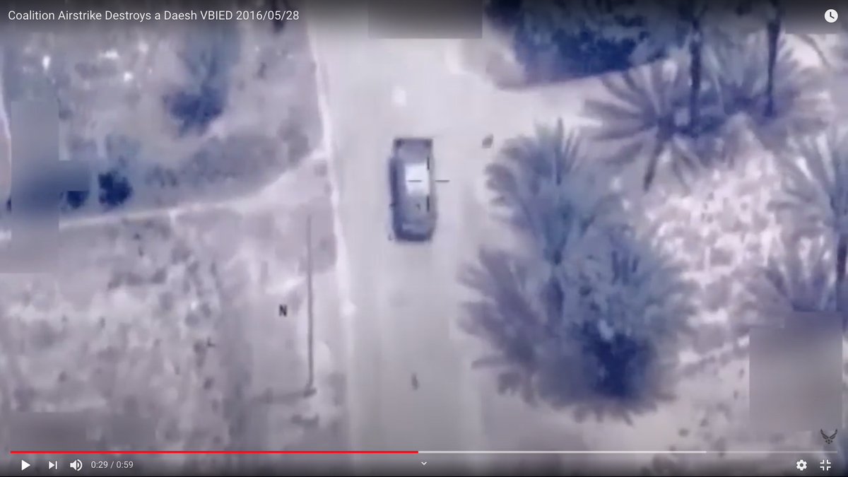 The truck stops dead, and then a tiny little missile fired by an aerial platform hits it from the right side of the screen.Looks to be about the size of a cat.