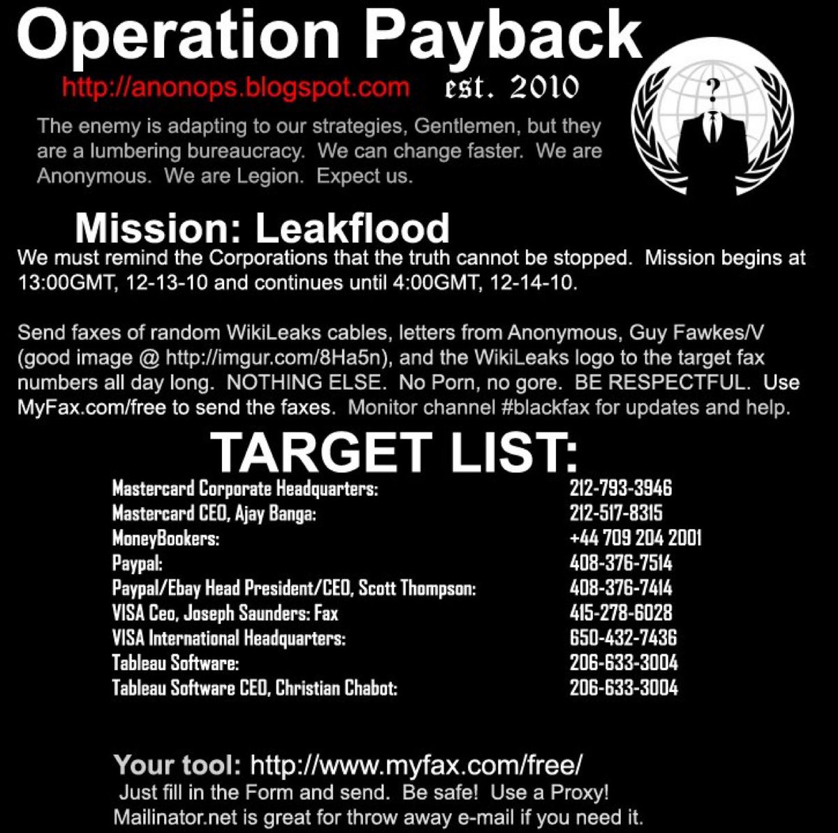 « L’opération Payback » à finalement conduit à « L’opération Avenge Assange », Anonymous avait publié un communiqué de presse déclarant PayPal comme cible. Cette attacks a fermé PayPal pendant une heure le 8 dec et au moment aussi le 9dec.